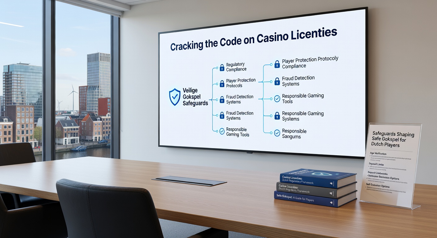 Grafiek met casino licentie vereisten en spelersbeschermingsiconen, illustrerend de gelaagde veiligheidsstructuur in de Nederlandse markt