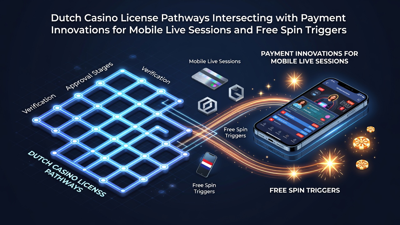 Illustratie van Nederlandse casino licenties die samenkomen met mobiele betaalsystemen en live spelsessies