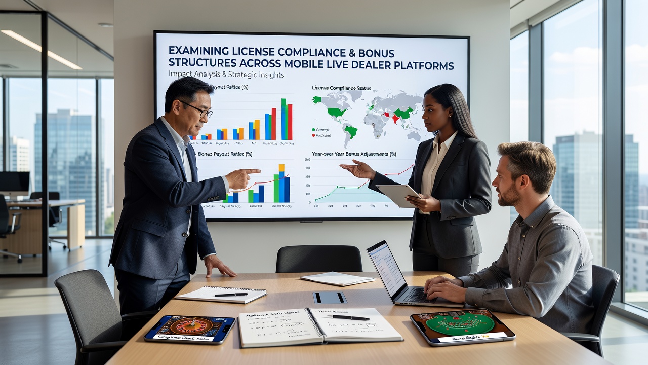 Overzicht van mobiele live dealer interfaces met licentie badges en bonus indicatoren