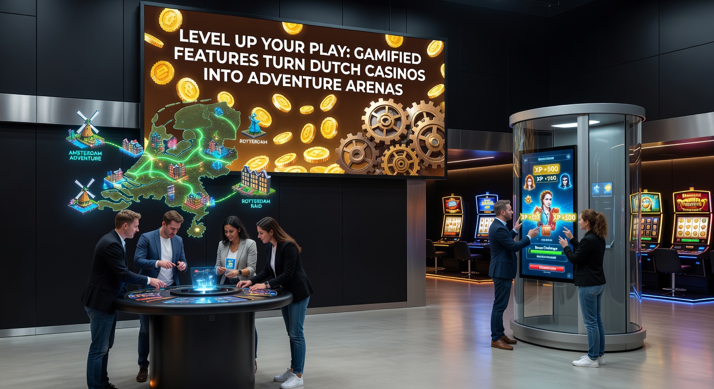 Gamified casino dashboard met levels, badges en een quest-tracker op een tablet, omringd door Nederlandse vlaggen en casino-iconen