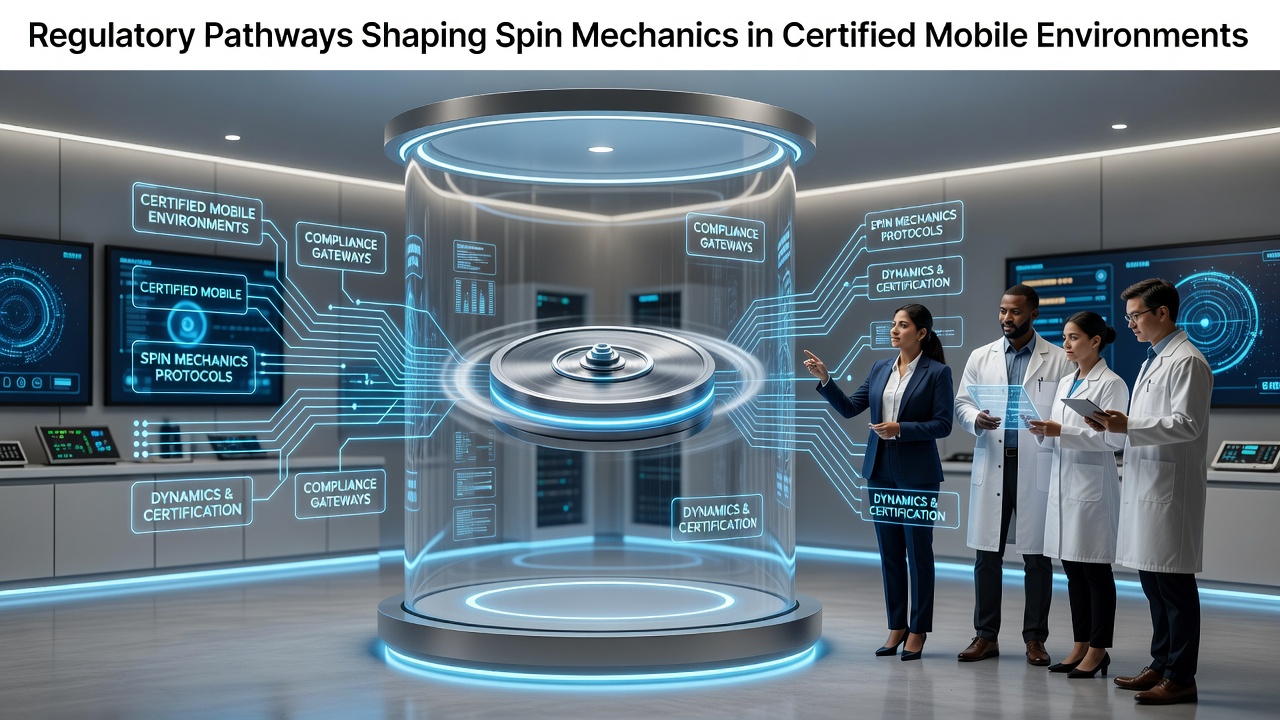 Illustratie van mobiele gokinterfaces met gecertificeerde spinmechanismen en regelgevende iconen