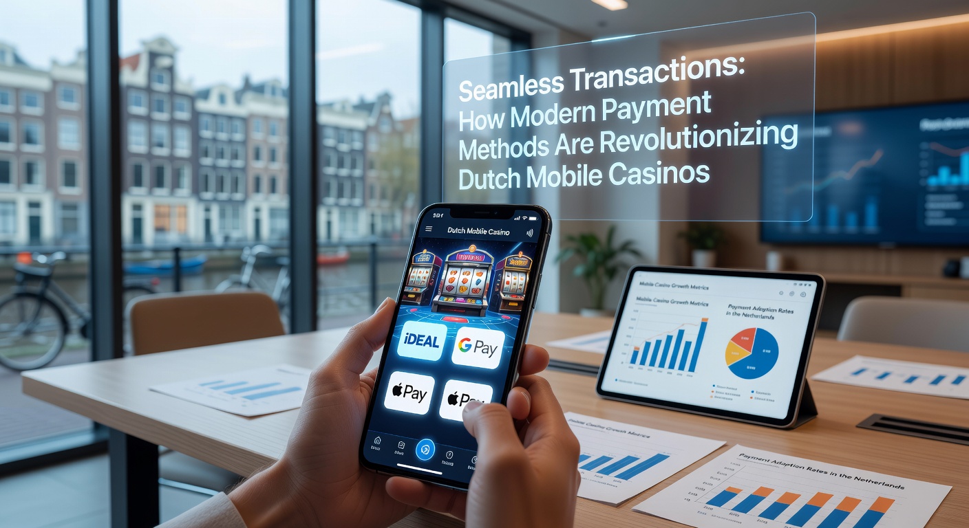 Smartphone met mobiel casino app en betaaliconen zoals iDEAL en Apple Pay op een Nederlands vlaggenachtergrond
