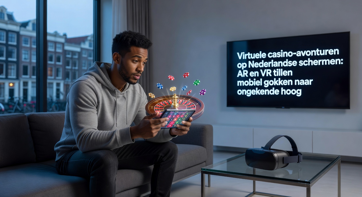 VR-bril op een Nederlandse gebruiker, ondergedompeld in een virtueel casino met blackjack tafels en flitsende lichten